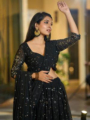 Black Georgette Sequence Embroidery Work Heavy Looks Bridal Lehenga For Ceremonial Looks 3