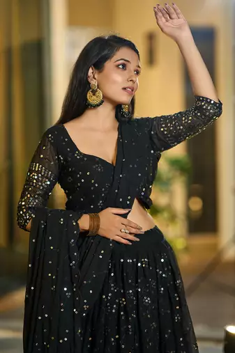Black Georgette Sequence Embroidery Work Heavy Looks Bridal Lehenga For Ceremonial Looks