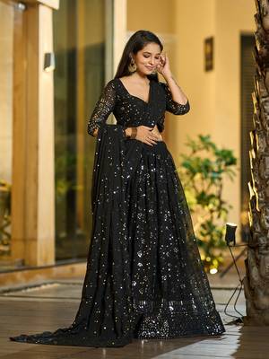 Black Georgette Sequence Embroidery Work Heavy Looks Bridal Lehenga For Ceremonial Looks 4
