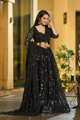 Black Georgette Sequence Embroidery Work Heavy Looks Bridal Lehenga For Ceremonial Looks