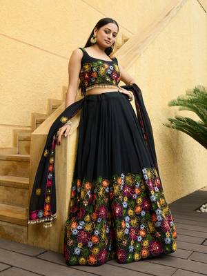 Black Georgette Thread Embroidery work Heavy Looks Bridal Lehenga For Ceremonial Looks 1
