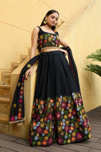 Black Georgette Designer Thread Embroidery work Heavy Looks Bridal Lehenga For Ceremonial Looks