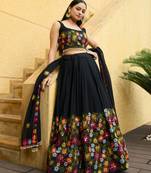 Black Georgette Designer Thread Embroidery work Heavy Looks Bridal Lehenga For Ceremonial Looks