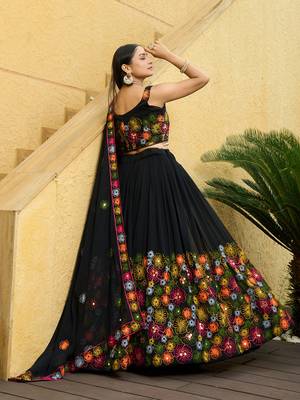 Black Georgette Thread Embroidery work Heavy Looks Bridal Lehenga For Ceremonial Looks 2