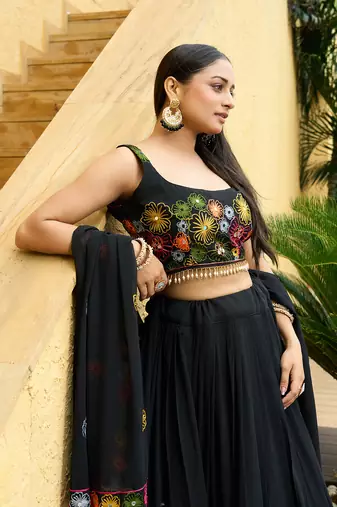 Black Georgette Thread Embroidery work Heavy Looks Bridal Lehenga For Ceremonial Looks