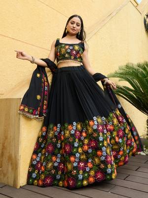 Black Georgette Thread Embroidery work Heavy Looks Bridal Lehenga For Ceremonial Looks 4