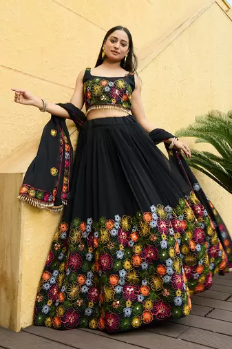 Black Georgette Thread Embroidery work Heavy Looks Bridal Lehenga For Ceremonial Looks