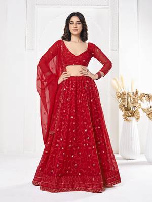Red Georgette Sequance Embroidery Work Heavy Graceful Looks Beautiful Wedding Ceremony Lehenga Choli 1