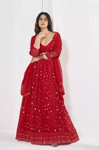 Red Georgette Sequance Embroidery Work Heavy Graceful Looks Beautiful Wedding Ceremony Lehenga Choli