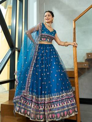 Turquoise Net Sequance Embroidery Work Heavy Graceful Looks Beautiful Wedding Ceremony Lehenga Choli 1