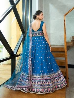 Turquoise Net Sequance Embroidery Work Heavy Graceful Looks Beautiful Wedding Ceremony Lehenga Choli 2