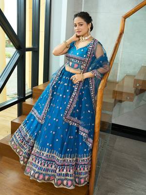 Turquoise Net Sequance Embroidery Work Heavy Graceful Looks Beautiful Wedding Ceremony Lehenga Choli 4