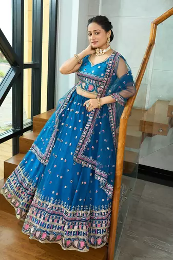Turquoise Net Sequance Embroidery Work Heavy Graceful Looks Beautiful Wedding Ceremony Lehenga Choli