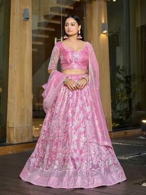 Pink Silk Net Sequance Embroidery Work Heavy Graceful Looks Beautiful Wedding Ceremony Lehenga Choli 1