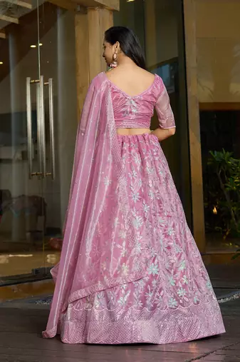 Pink Silk Net Sequance Embroidery Work Heavy Graceful Looks Beautiful Wedding Ceremony Lehenga Choli