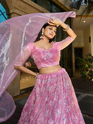 Pink Silk Net Sequance Embroidery Work Heavy Graceful Looks Beautiful Wedding Ceremony Lehenga Choli 3