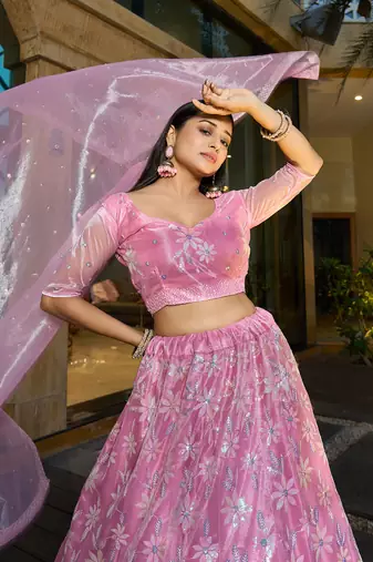 Pink Silk Net Sequance Embroidery Work Heavy Graceful Looks Beautiful Wedding Ceremony Lehenga Choli