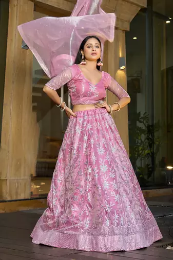 Pink Silk Net Sequance Embroidery Work Heavy Graceful Looks Beautiful Wedding Ceremony Lehenga Choli
