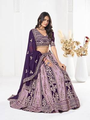 Purple Georgette Embroidery Work Heavy Graceful Looks Beautiful Wedding Ceremony Lehenga Choli 3