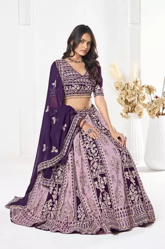 Purple Georgette Embroidery Work Heavy Graceful Looks Beautiful Wedding Ceremony Lehenga Choli