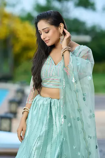 Pista Net Sequance Embroidery Work Heavy Graceful Looks Beautiful Wedding Ceremony Lehenga Choli