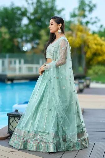 Pista Net Sequance Embroidery Work Heavy Graceful Looks Beautiful Wedding Ceremony Lehenga Choli