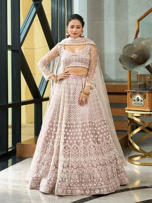 Beige Net Embroidery Work Heavy Graceful Looks Beautiful Wedding Ceremony Lehenga Choli 1