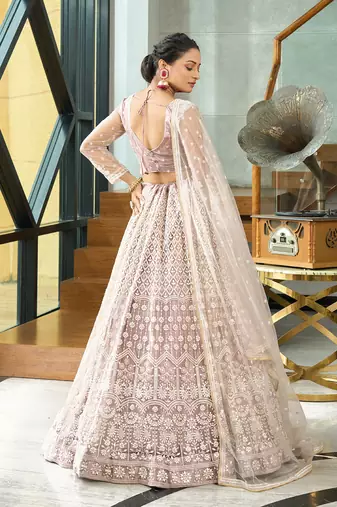 Beige Net Embroidery Work Heavy Graceful Looks Beautiful Wedding Ceremony Lehenga Choli