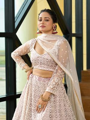 Beige Net Embroidery Work Heavy Graceful Looks Beautiful Wedding Ceremony Lehenga Choli 3