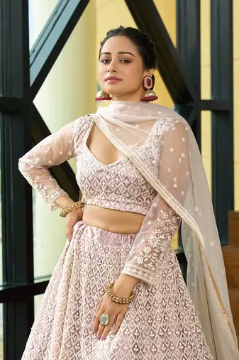 Beige Net Embroidery Work Heavy Graceful Looks Beautiful Wedding Ceremony Lehenga Choli