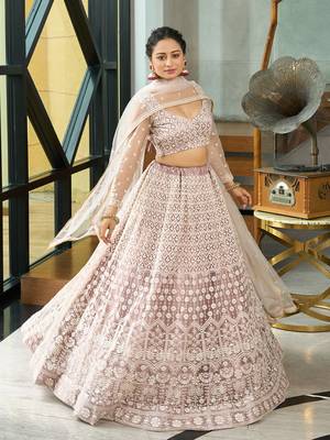 Beige Net Embroidery Work Heavy Graceful Looks Beautiful Wedding Ceremony Lehenga Choli 4