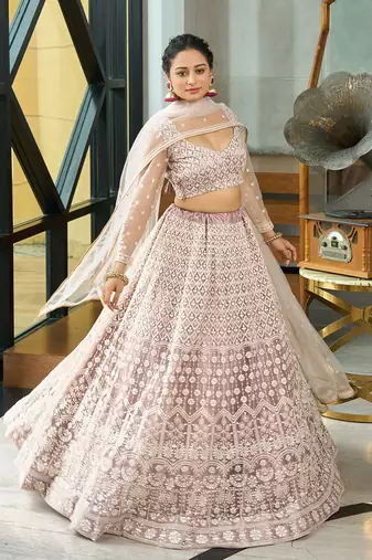 Beige Net Embroidery Work Heavy Graceful Looks Beautiful Wedding Ceremony Lehenga Choli