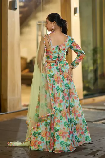 Sea Green Georgette Printed Heavy Graceful Looks Beautiful Wedding Ceremony Lehenga Choli