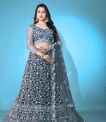 Grey Net Thread Embroidery Work Ceremonial Wear Bridesmaid Style Heavy Lehenga Choli