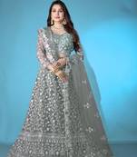Grey Net Thread Embroidery Work Ceremonial Wear Bridesmaid Style Heavy Lehenga Choli
