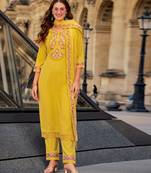  Mustard Viscose Silk Embroidered Woven Straight Kurta With Pant & Dupatta