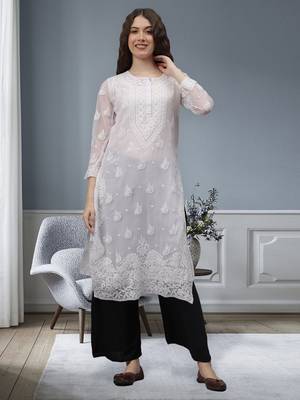 White georgette lucknowi chikankari kurta with slip 1