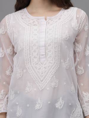 White georgette lucknowi chikankari kurta with slip 2