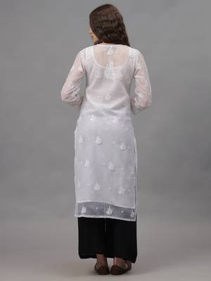 White georgette lucknowi chikankari kurta with slip 3