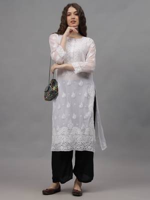 White georgette lucknowi chikankari kurta with slip 4