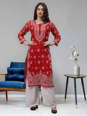 Red georgette lucknowi chikankari kurta with slip 1