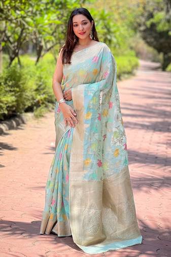 Sky Blue Organza Weaving Meenakari Jaal Designer Ethnic Wedding Style Festive Ceremonial Saree