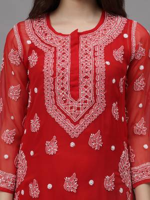 Red georgette lucknowi chikankari kurta with slip 2