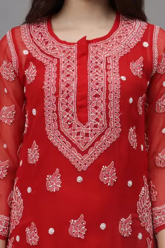Red georgette lucknowi chikankari kurta with slip