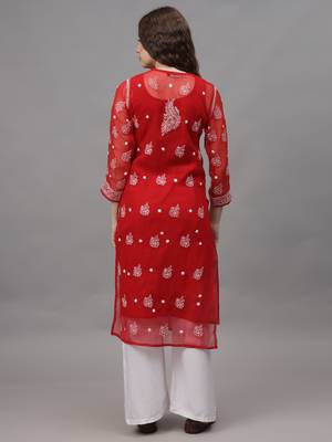 Red georgette lucknowi chikankari kurta with slip 3