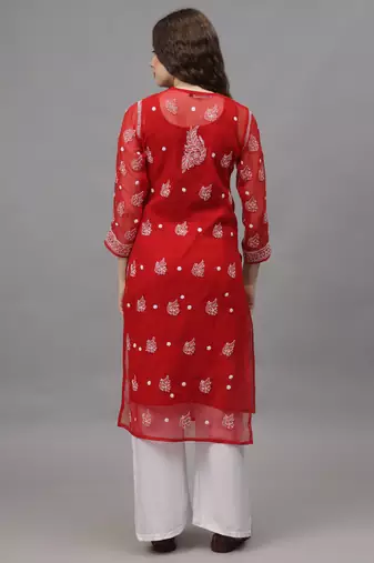 Red georgette lucknowi chikankari kurta with slip