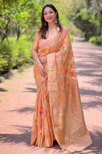 Orange Organza Weaving Meenakari Jaal Designer Ethnic Wedding Style Festive Ceremonial Saree