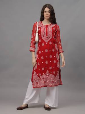 Red georgette lucknowi chikankari kurta with slip 4