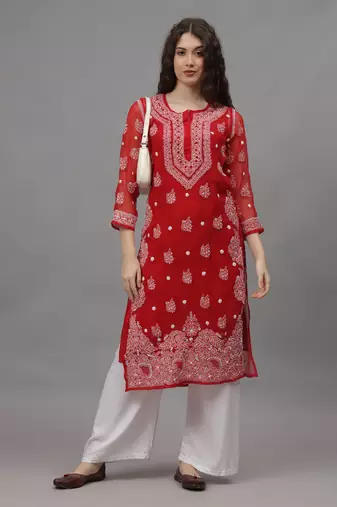 Red georgette lucknowi chikankari kurta with slip