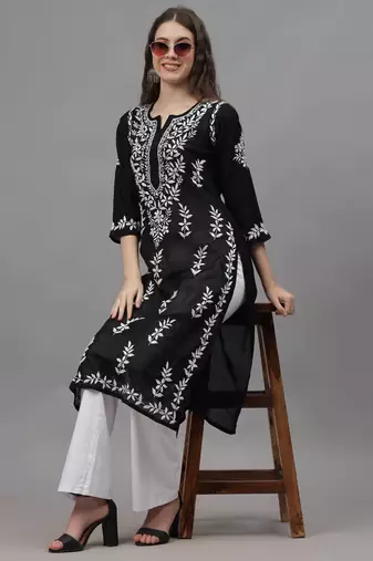 Black chanderi lucknowi chikankari kurta